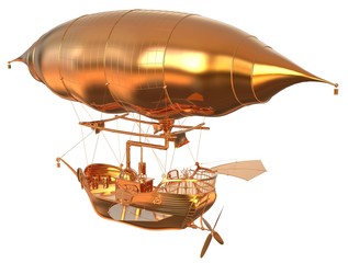Fototapeta premium Golden Fantasy Airship Zeppelin Dirigible Balloon 3D illustration isolated on white