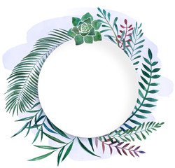 Hand drawn watercolor illustration of differents plants with colorful blot. Decorative graphic frame plate for wedding branding, invitations, gift card. Isolated on white background. Place for text or