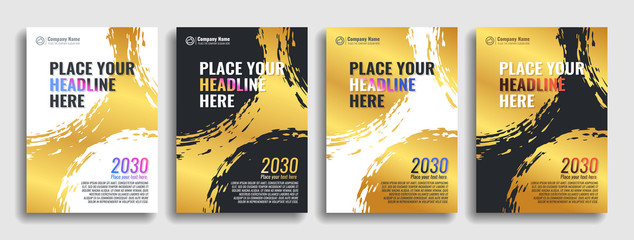 Collection of covers with brush strokes for books, magazines, catalogs. Gold. Vector illustration.