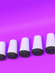 paper cups tamplate 3d with a lid standing on a plane under natural light. Purple background. Rendering.