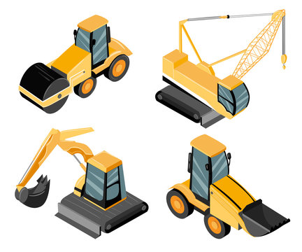 Set of construction machinery. Road roller, excavator, crane. Default yellow color of working machines. Vector illustration isolated on white background. Web site page and mobile app design