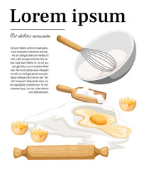 Flour and yolk. Cooking process of dough with shovel, wooden rolling pin and bowl with whisk. Cartoon style design. Vector illustration with place for your text on white background