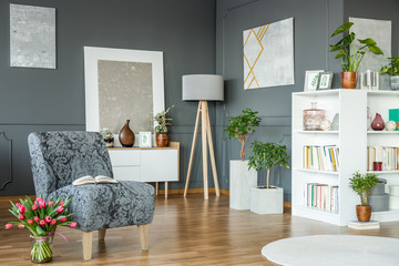 Tulips in floral living room