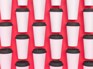 paper cups tamplate 3d with a lid standing on a plane under natural light. Red background. Rendering.