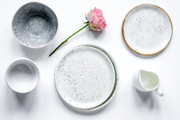 ceramic tableware top view on white background mock up