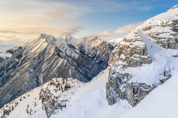 View of the Bow Valley and Lady McDonald mountain from the Mount Grotto. Canmore, Canada