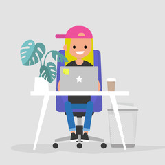 Young female character working on the laptop in the office. Interior. Daily life. Millennials at work. Flat editable vector illustration, clip art