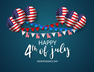 Happy 4th of July holiday banner. USA Independence Day Background. with Ribbon and Balloon