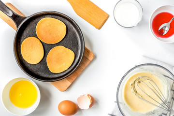 cooking pancake on white background top view ingredients for mak