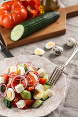 fresh vegetable salad with quail eggs and cheese in pink plate on the table