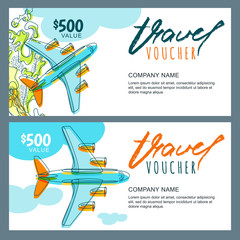 Vector gift travel voucher. Top view hand drawn flying airplane. Coupon, certificate, flyer, layout.