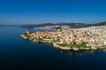 Fototapeta na wymiar Aerial view the city of Kavala in northern Greek, ancient aqueduct Kamares, homes and medieval city wall
