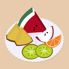 Fruit slices on a plate. Kiwi, apple,, pineapple watermelon and orange. Vector illustration.