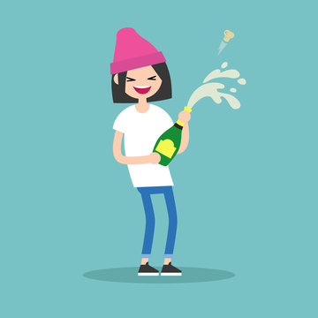 Celebration concept. Young brunette girl opening a bottle of champagne and having fun. Opened champagne sprayed / flat editable vector illustration