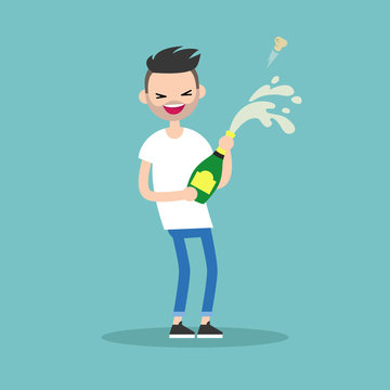 Celebration concept. Young bearded guy opening a bottle of champagne and having fun. Opened champagne sprayed / flat editable vector illustration