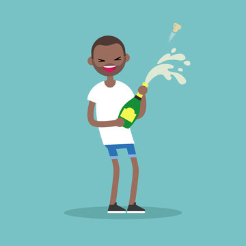 Celebration concept. Young black man opening a bottle of champagne and having fun. Opened champagne sprayed / flat editable vector illustration