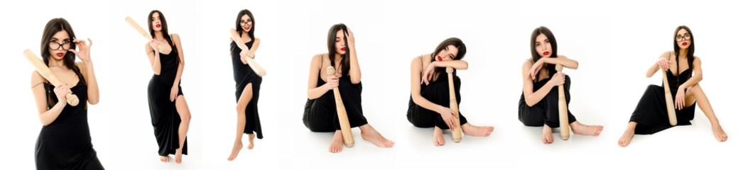 Fototapeta premium collage, girl in a black dress with a baseball bat on a white background