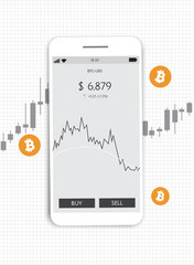 Cryptocurrency Technology. Bitcoin Exchange. Financial analytics. Trading Business Application Template. Smartphone with bitcoin