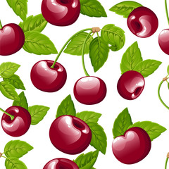 Seamless pattern of cherry. Vector illustration of cherry with green leaves. Vector illustration for decorative poster, emblem natural product, farmers market. Website page and mobile app design