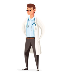 Male doctor with stethoscope. Cartoon style character design. Vector illustration isolated on white background website page and mobile app design