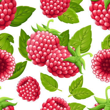 Seamless pattern of raspberry. Vector illustration of raspberry with green leaves. Vector illustration for decorative poster, emblem natural product, farmers market. Website page and mobile app