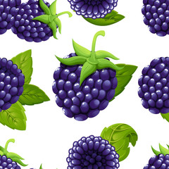 Seamless pattern of blackberry. Vector illustration of forest berry with green leaves. Vector illustration for decorative poster, emblem natural product, farmers market. Website page and mobile app