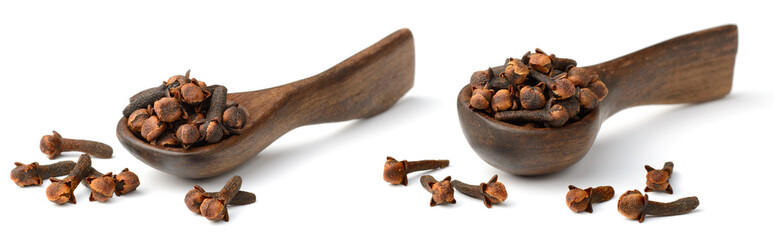 dried herb, dried cloves in the wooden spoon, isolated on white