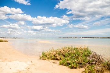 Fototapeta na wymiar Sunny view of the local beach in Fuseta, Ria Formosa Natural park, Portugal