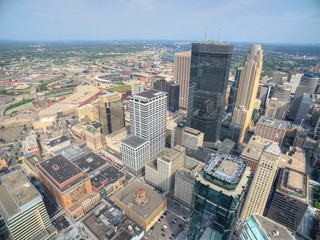 Minneapolis, Minnesota Skyline seen from above by Drone in Spring