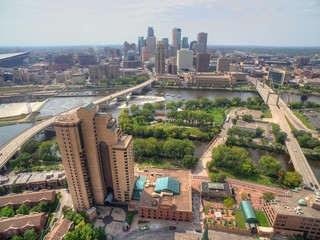 Minneapolis, Minnesota Skyline seen from above by Drone in Spring