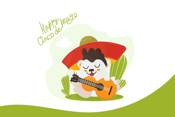 Vector illustration for Mexican community: funny cartoon latin american character playing guitar and text Happy Cinco de Mayo. Fifth of May fiesta celebration materials.
