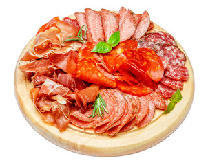 Cold meat plate with salami and chorizo sausage on wooden board