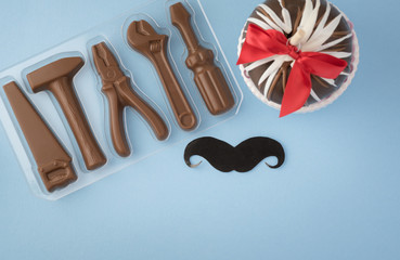Sweet gift for Fathers day with shocolate tools and chocolate covered apple