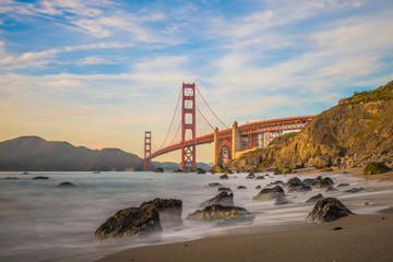 Long exposure when the sun goes down to the Golden Gate Bridge of San Francisco