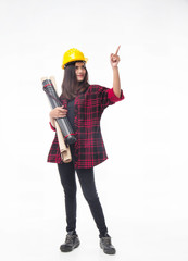 The young woman engineer with yellow safety helmet and hold blueprint in her hand.she is point finger up in the air with smile and happy face.