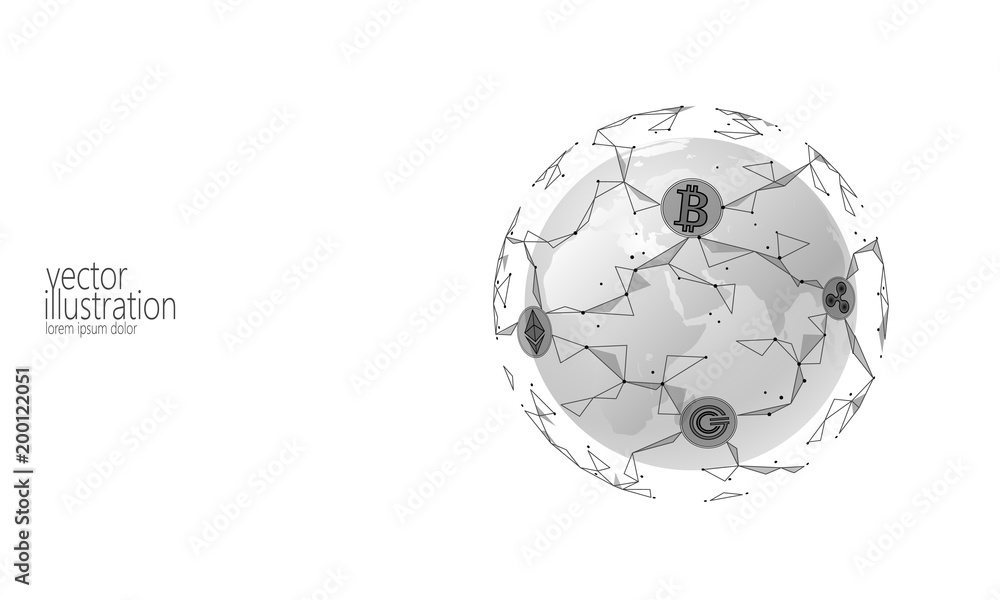 Poster global international blockchain cryptocurrency. planet space low poly modern future technology finan