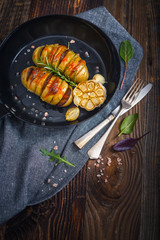 Baked hasselback potatoes.