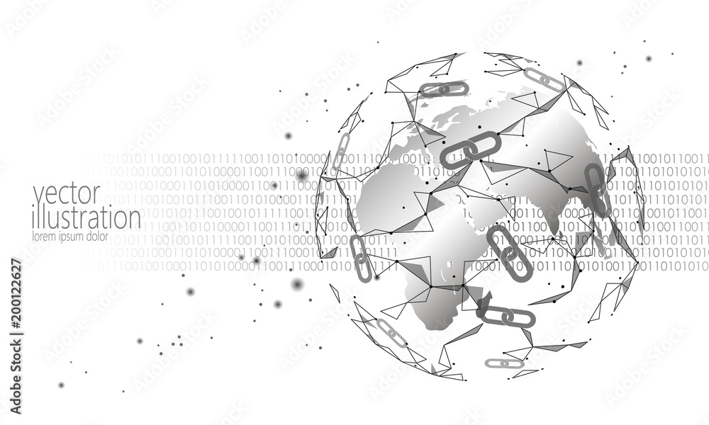 Poster global international blockchain cryptocurrency. planet space low poly modern future technology finan