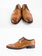 Grupo de sapatos masculinos castanhos em fundo branco