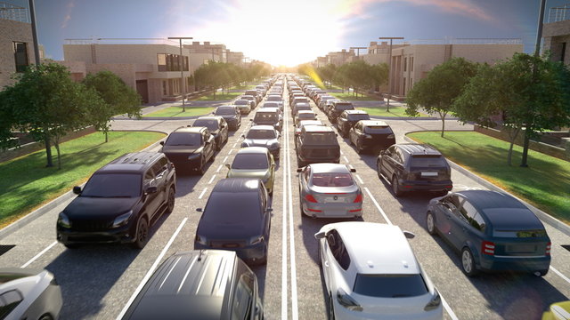 Traffic jam, sunset time. 3d illustration.