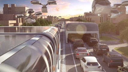 City bus of the future. The traffic jam. Sunset time. 3d illustration. © unlimit3d