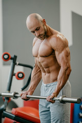 Fototapeta na wymiar Shredded shirtless bodybuilder with beard and shaved head doing biceps curls with barbell in a gym. Fit man trains.