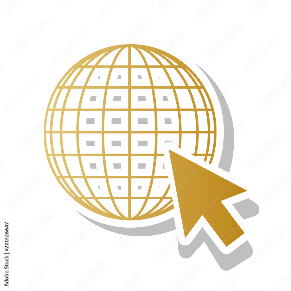 Poster earth globe with cursor. vector. golden gradient icon with white