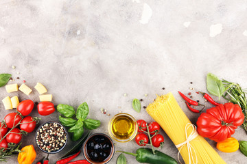 Italian food background with different types of pasta, health or vegetarian concept.