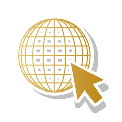 Earth Globe with cursor. Vector. Golden gradient icon with white