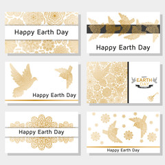 Happy Earth Day background. Good design template for banner, greeting card, flyer. Ornamental birds dove, sparrow and flowers. Vector illustration.