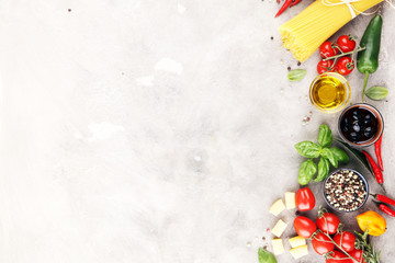 Italian food background with different types of pasta, health or vegetarian concept.