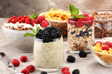 Cereal and ingredients for a healthy breakfast with chia pudding, granola, cornflakes and berries