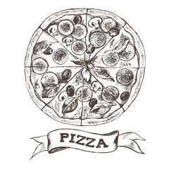 Pizza with pepperoni, olives and champignons. Italian cuisine. Ink hand drawn Vector illustration. Top view. Food element for menu design.