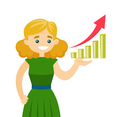 Caucasian white successful business woman pointing at chart going up. Young woman holding bar chart. Business success concept. Vector cartoon illustration isolated on white background. Square layout.